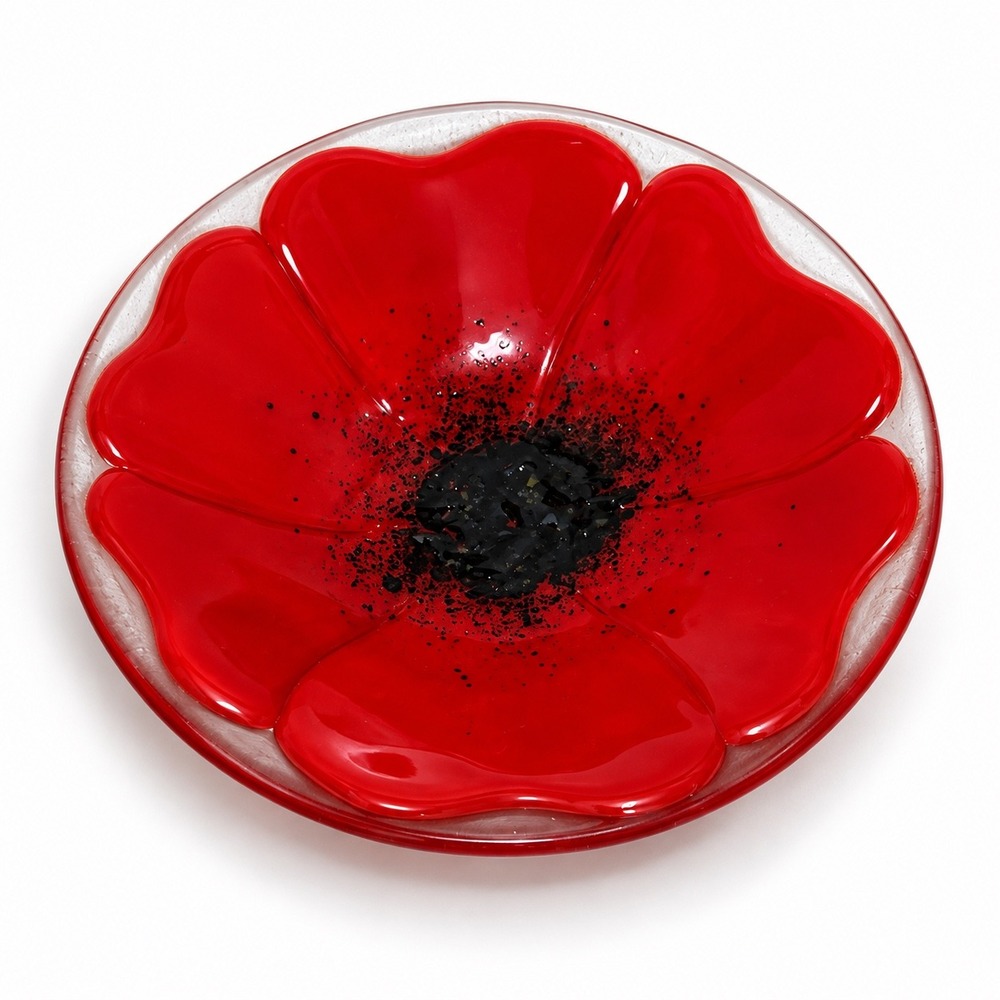Red Poppy Fused Glass Trinket Dish 5" Floral Art Glass Ring Jewelry Catchall
